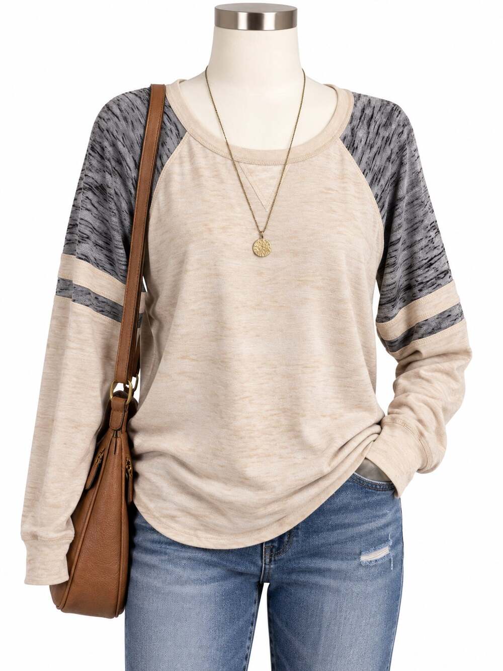 Obey Raglan Shirt Soft Lightweight Heathered Gray Apricot Beige Casual Womens Sm
